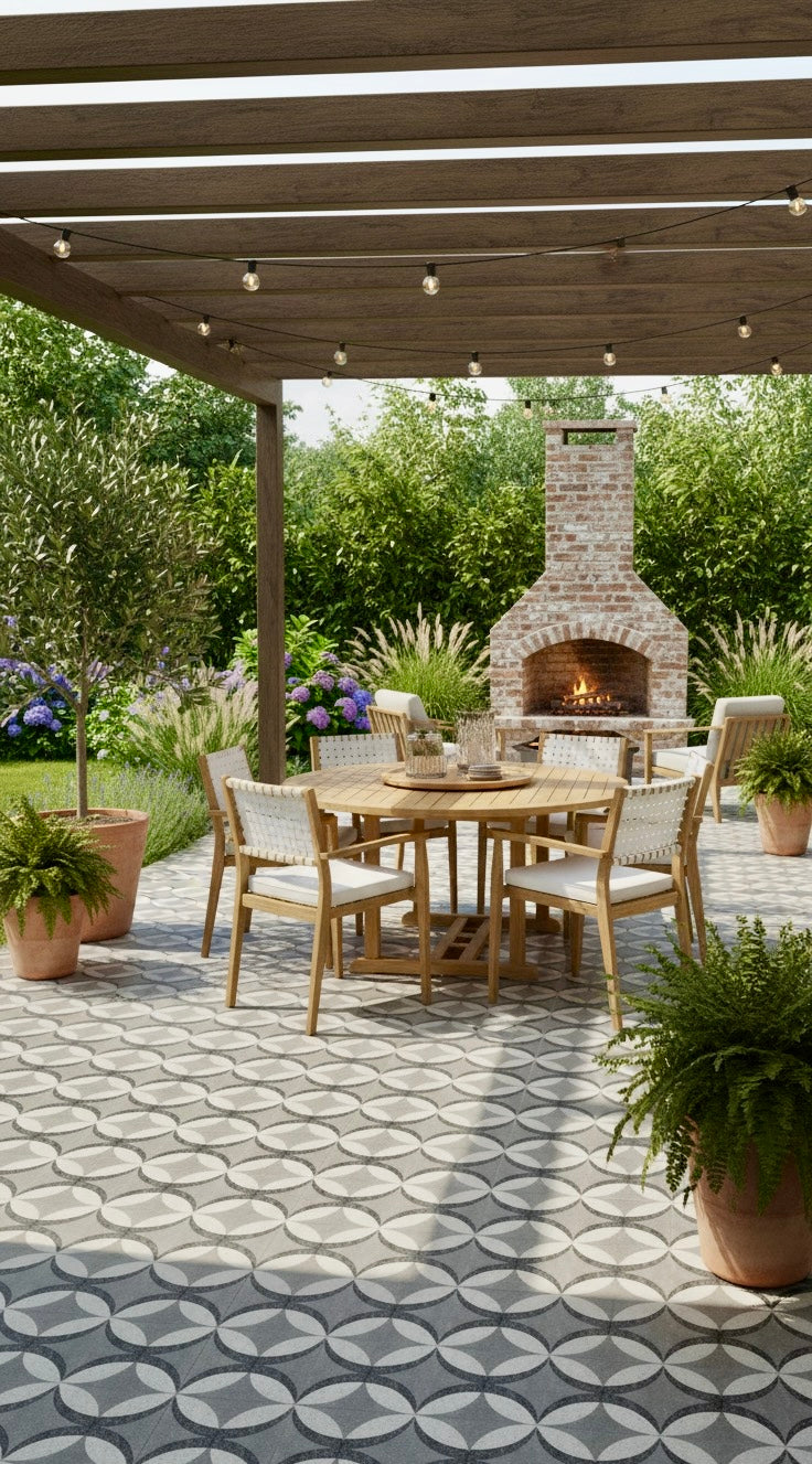 Wood pergola patio with Petalos Pebble Terrazzo by New York Cement Tile, string lights, dining set, plants, and fireplace.