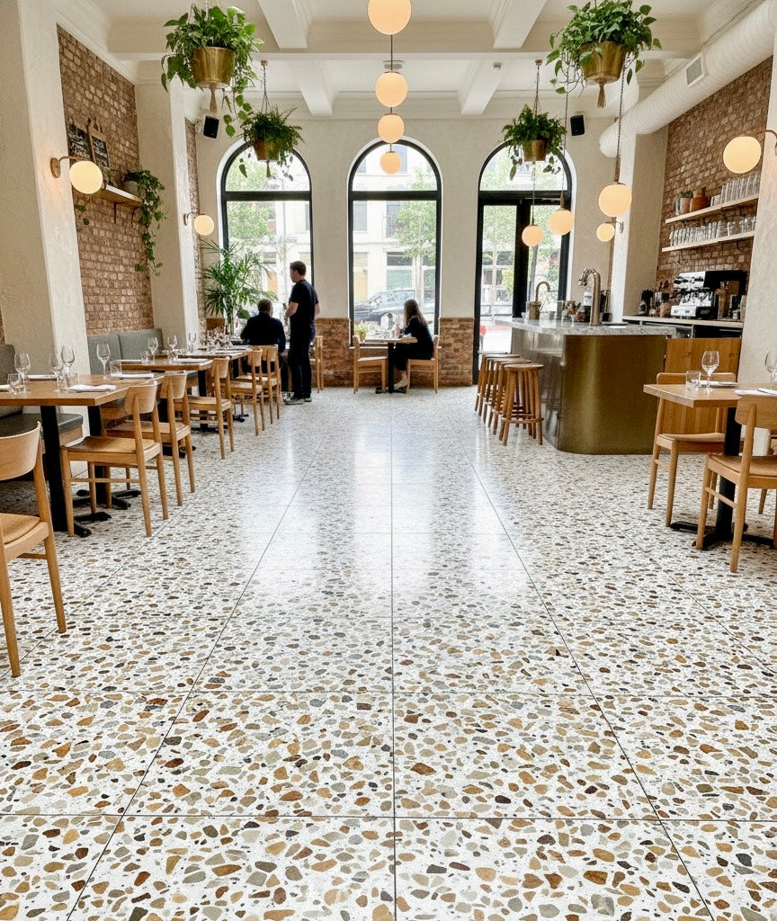 Bright café with terrazzo floor, wooden chairs, round tables, hanging plants, and large arched windows letting in natural light.
