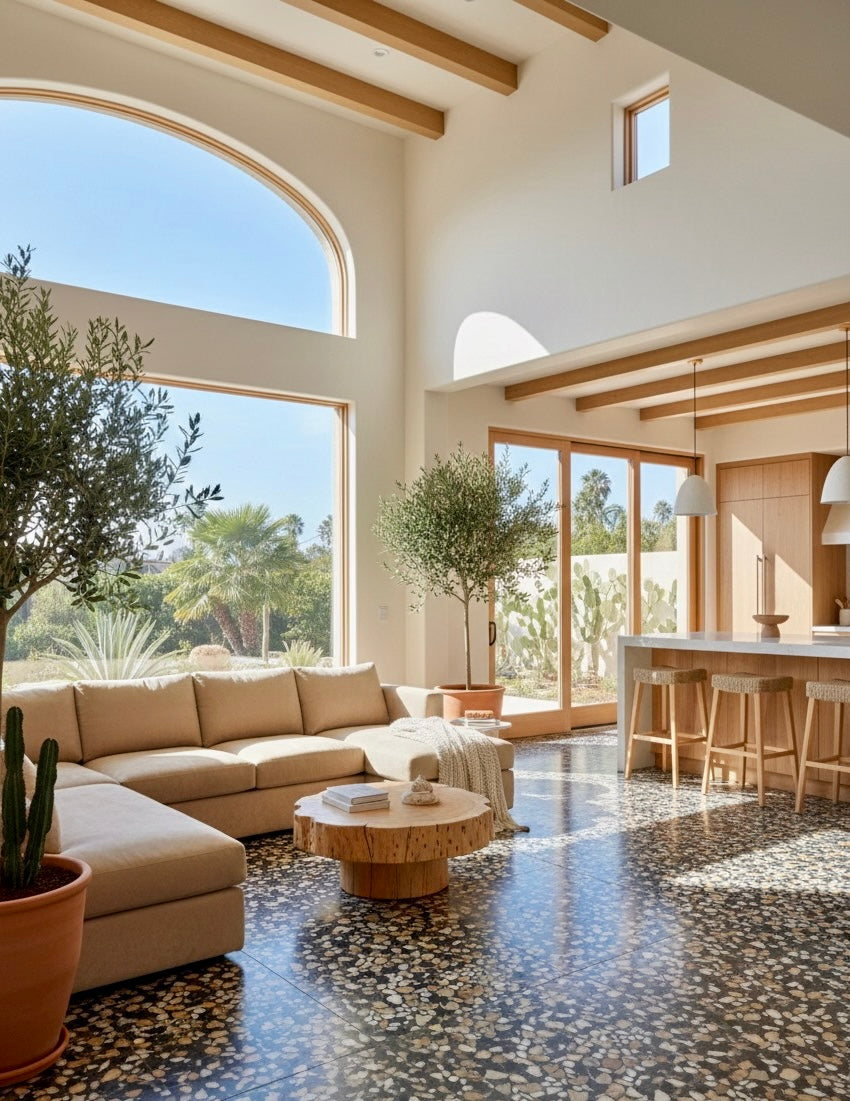 Bright living room with large windows, beige sofa, terrazzo floor, potted plants, and an open kitchen with bar stools.