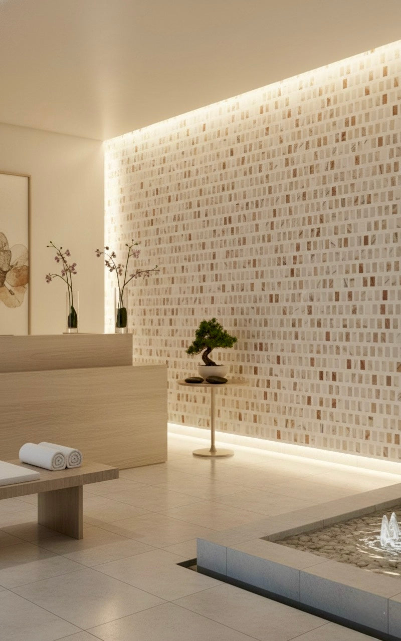Modern interior design with a tiled wall, bench, and decorative elements.