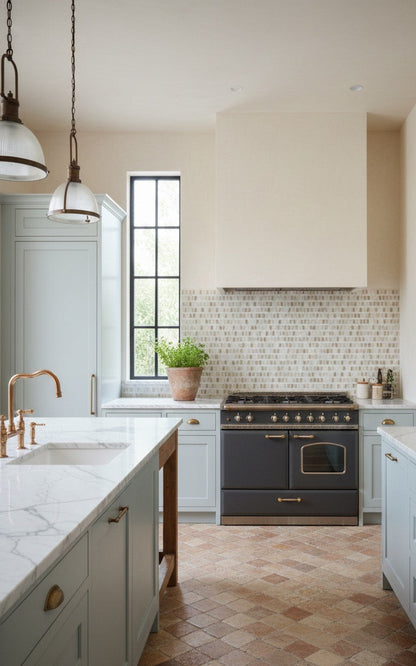 Modern kitchen with white cabinets, marble countertops, and a tiled backsplash.