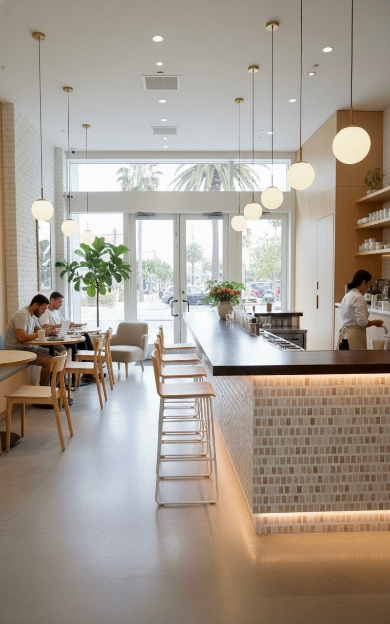 Bright modern café with New York Cement Tile’s Carlo Scarpa - Mountain High flooring, globe lights, and wood décor.