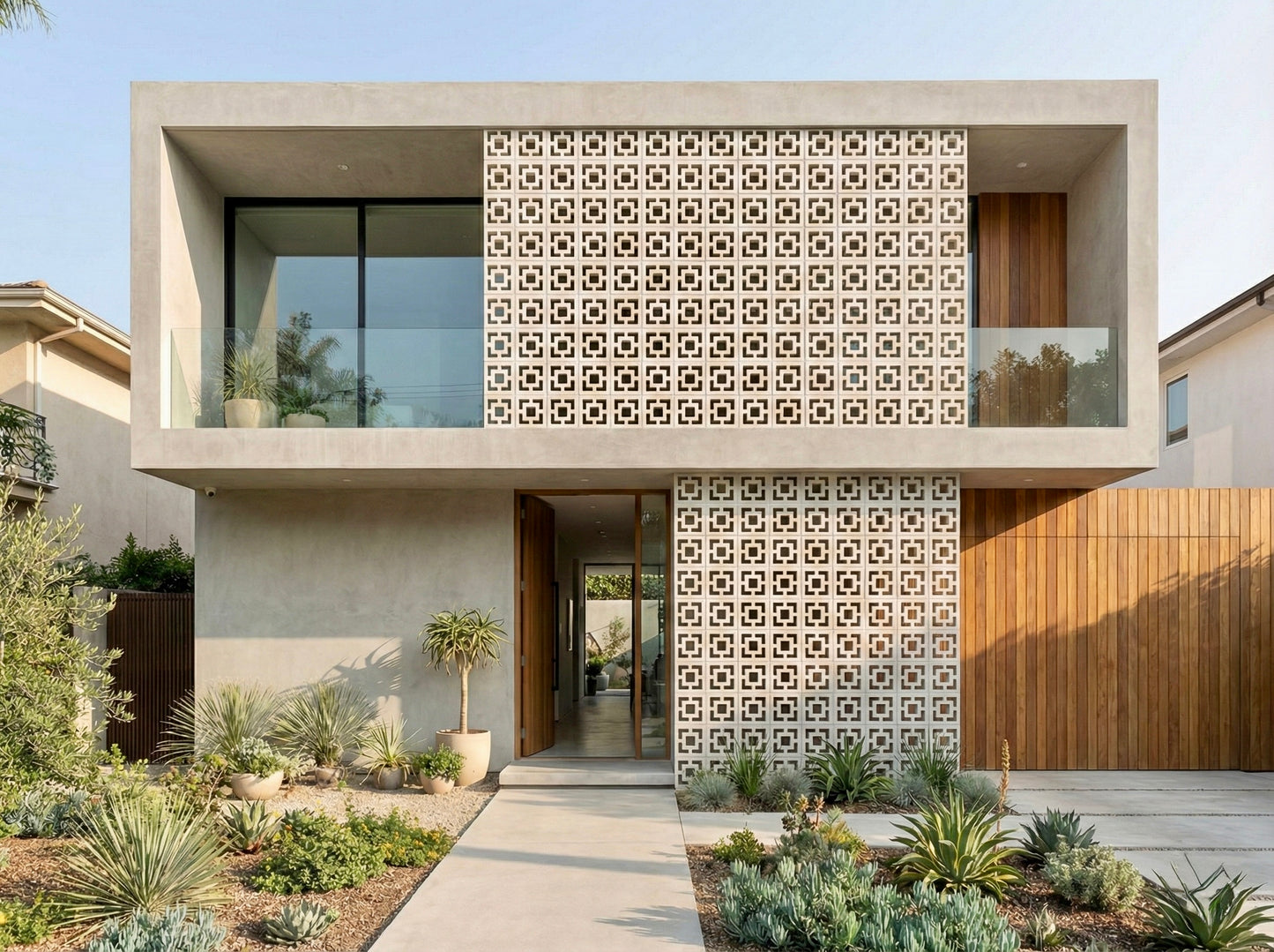 Modern two-story house with New York Cement Tile Large Tonga blocks, big windows, balcony, and desert landscaping in front.