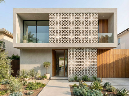 Modern two-story house with New York Cement Tile Large Tonga blocks, big windows, balcony, and desert landscaping in front.