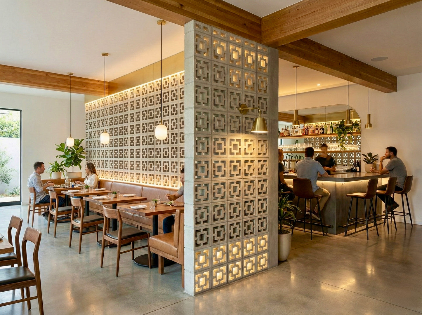 Modern restaurant uses Large Tonga - NBBL30-003 by New York Cement Tile as privacy screens, with wooden tables and a cozy bar.