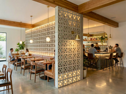 Modern restaurant uses Large Tonga - NBBL30-003 by New York Cement Tile as privacy screens, with wooden tables and a cozy bar.