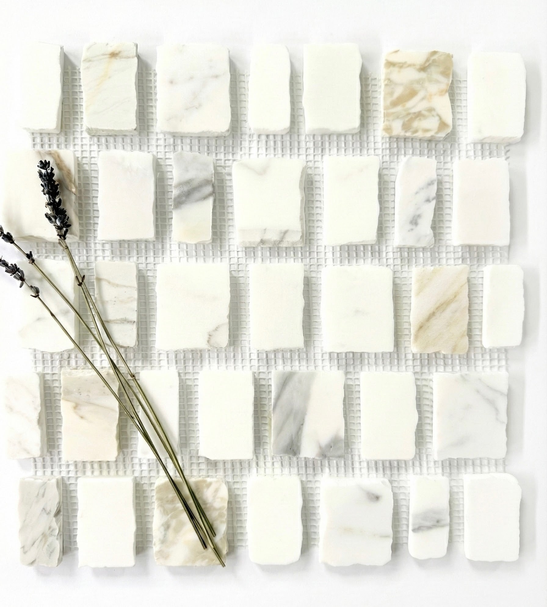 Scarpa I Calacatta Gold Marble Mesh by New York Cement Tile, white/beige marble tile with dried lavender sprigs on top.
