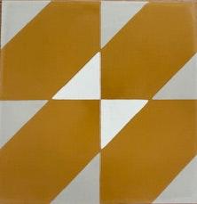 NL20-4D by New York Cement Tile features bold geometric patterns of diagonal mustard-yellow and white shapes.
