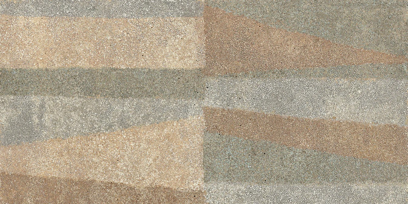 Mista,Sample by New York Cement Tile features textured triangles in natural tones with a symmetrical, abstract pattern.