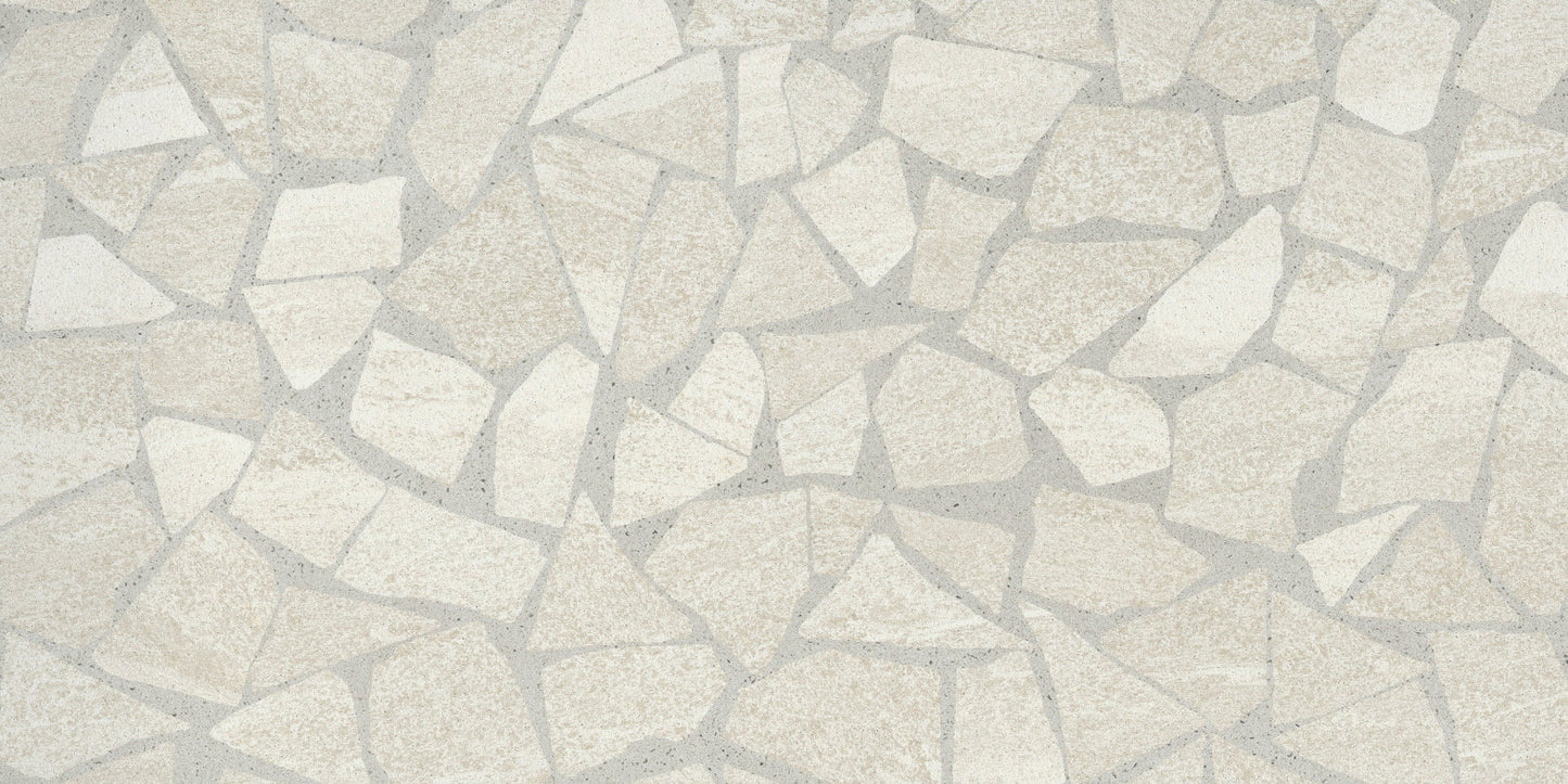 River Ivory, Extra Sample by New York Cement Tile: light beige quartzite mosaic tiles with visible grout lines.