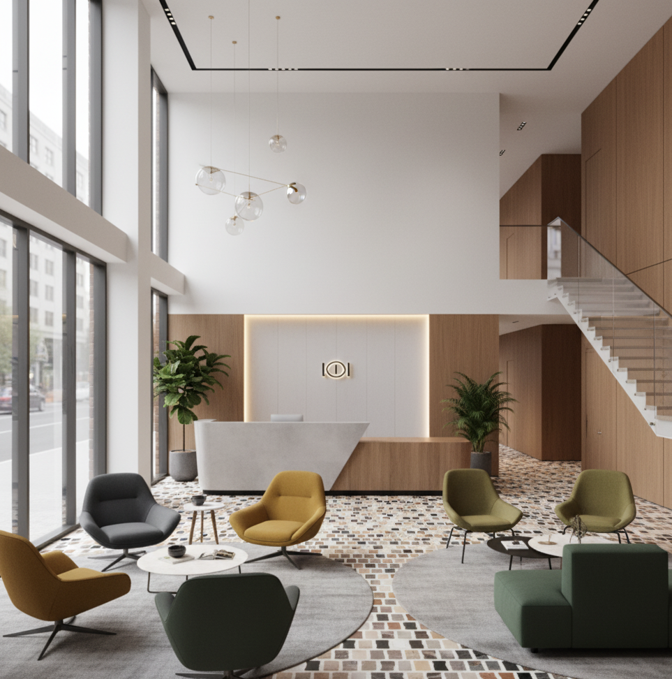 Modern office lobby with chairs, a reception desk, and large windows.