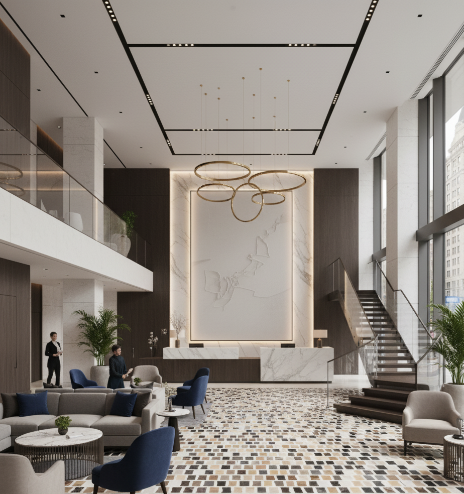 Modern hotel lobby with Carlo Scarpa-Multicolor tiles by New York Cement Tile, lounge seating, and large windows.