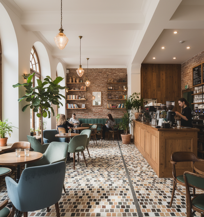 Cozy cafe interior with wooden furniture, plants, and a barista at work.