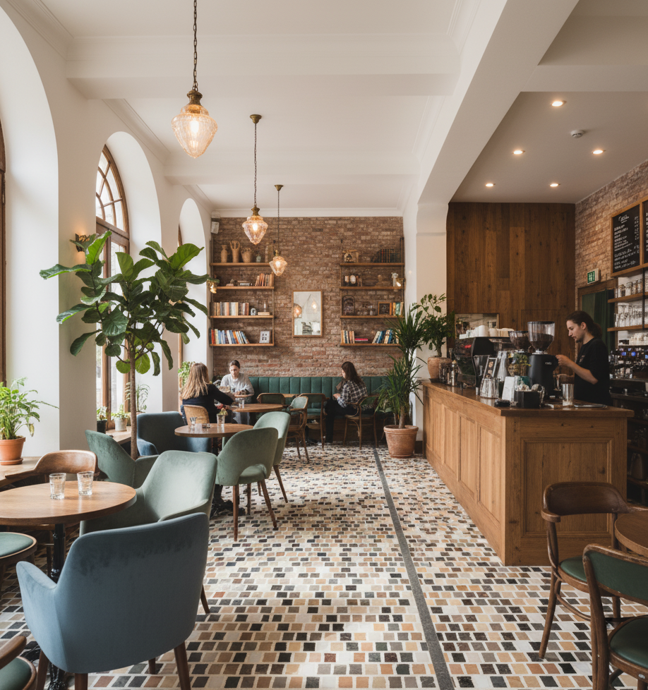 Cozy café with Carlo Scarpa- Multicolor tiles by New York Cement Tile, wood counter, green chairs, plants, and patrons.