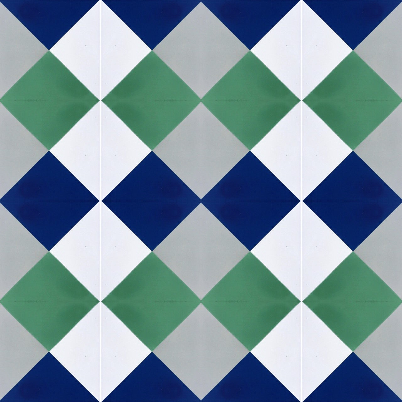 The N20-032 Sample by New York Cement Tile features a symmetrical grid of white, green, blue, and gray diamonds on cement tiles.