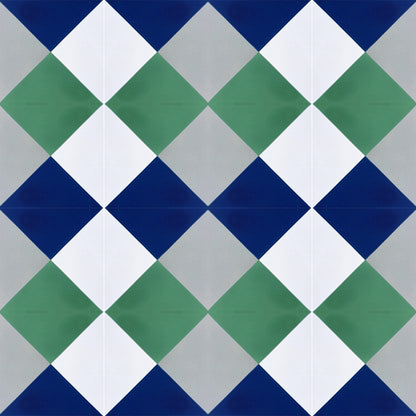 The N20-032 Sample by New York Cement Tile features a symmetrical grid of white, green, blue, and gray diamonds on cement tiles.