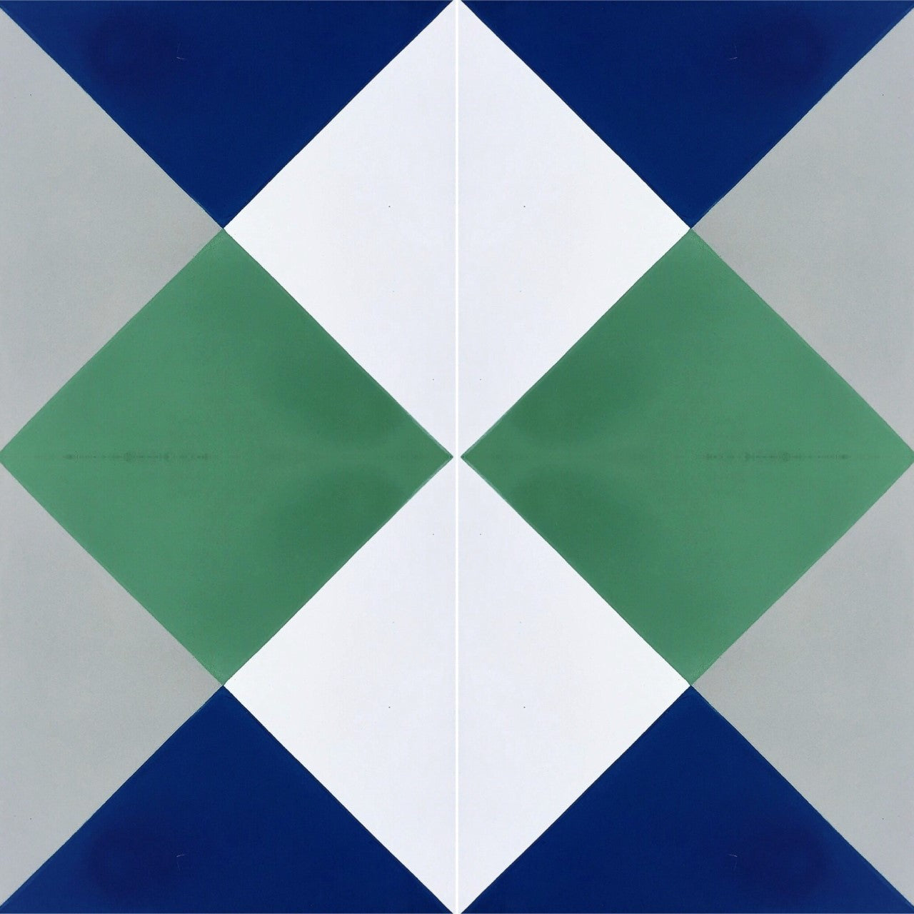 N20-032 by New York Cement Tile features green, blue, gray, and white geometric shapes on durable handcrafted tile.
