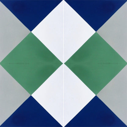 N20-032 by New York Cement Tile features green, blue, gray, and white geometric shapes on durable handcrafted tile.