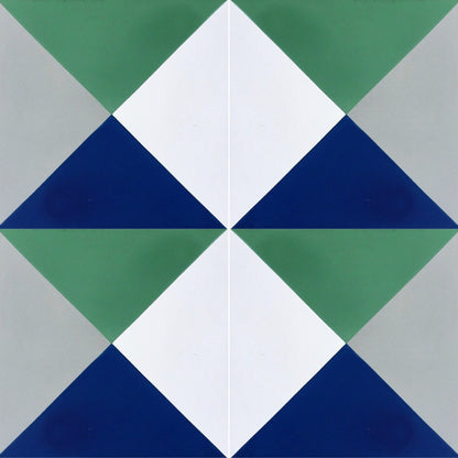The N20-032 Sample by New York Cement Tile features green, blue, gray, and white triangles in a diamond geometric design.