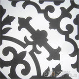 Black and white ornate floral cement tile (N20-063, Extra Sample) by New York Cement Tile; logo in corner.
