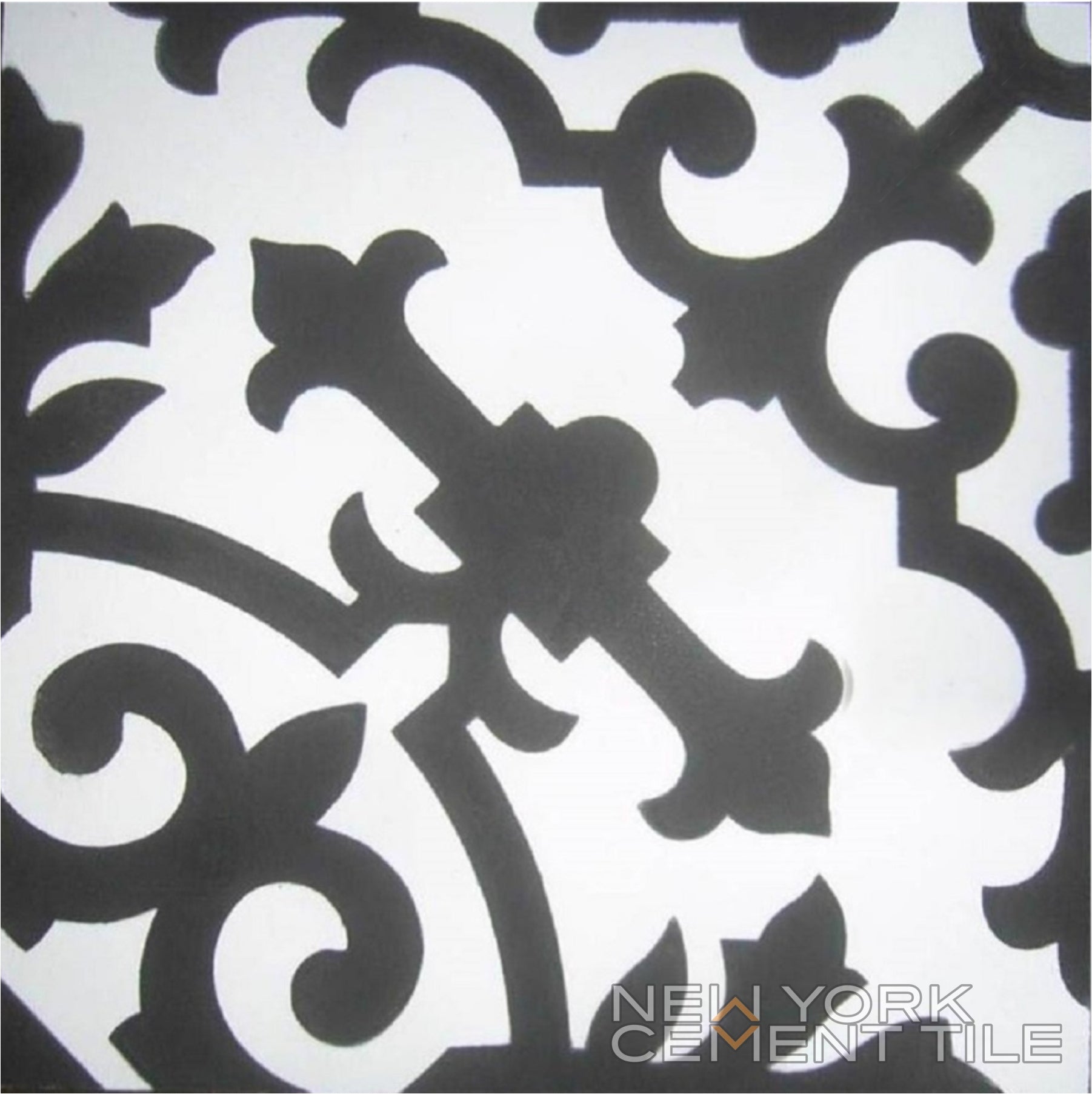 Black and white ornate floral cement tile (N20-063, Extra Sample) by New York Cement Tile; logo in corner.