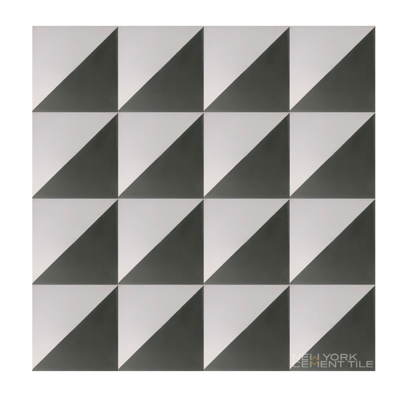 The N20-139, Sample by New York Cement Tile features a geometric grid of black and white triangles on handcrafted cement tiles.