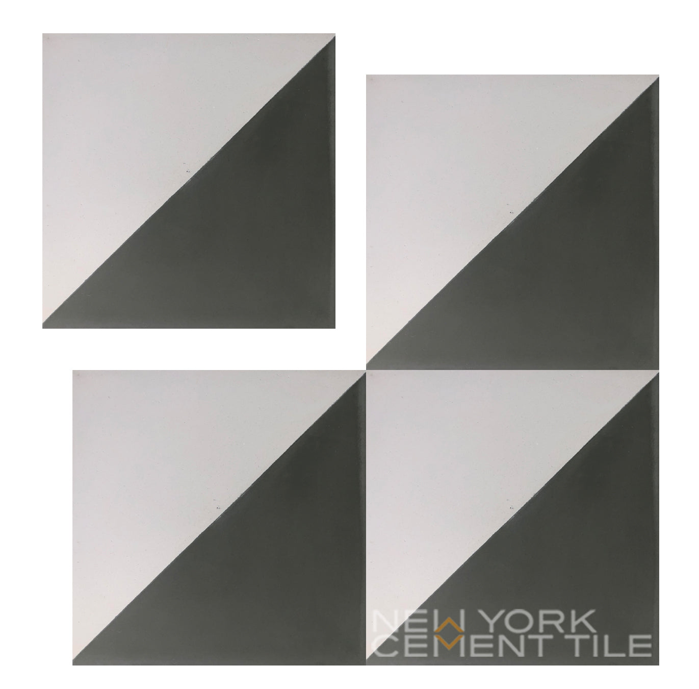 N20-139 Sample by New York Cement Tile: four square tiles, each split diagonally into light and dark gray triangles.