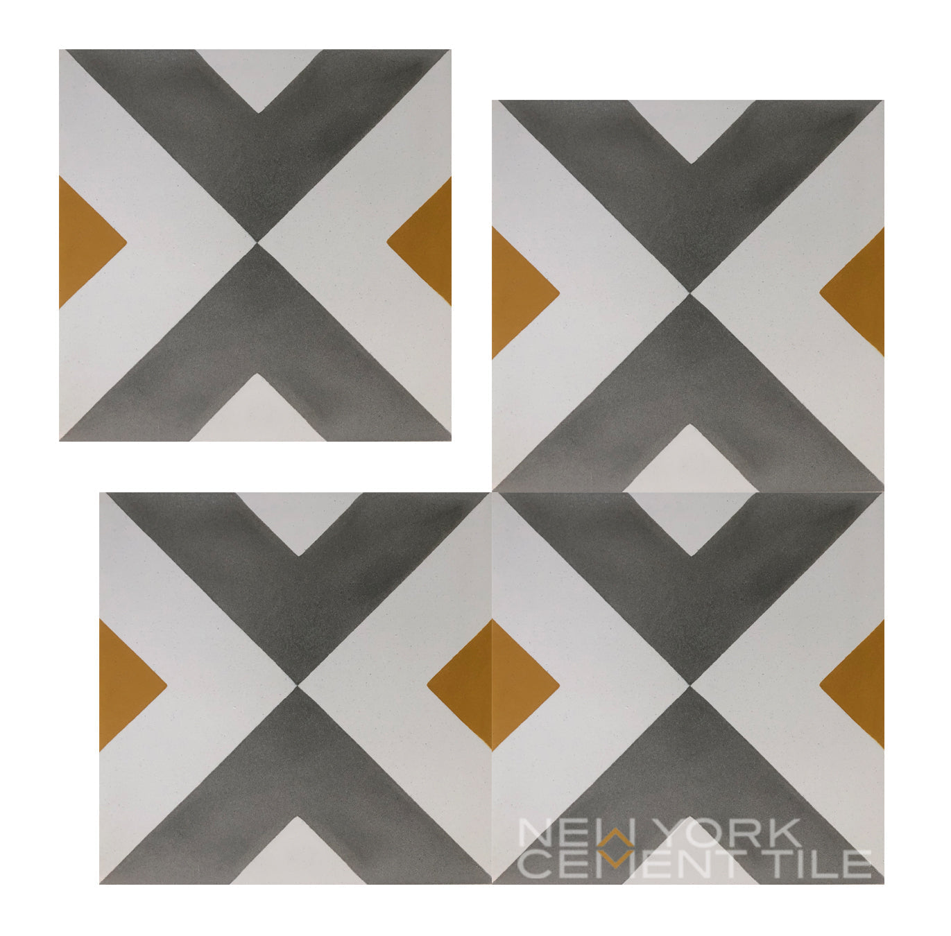 The N20-184 Extra Sample by New York Cement Tile features three handcrafted tiles with abstract, symmetrical patterns.