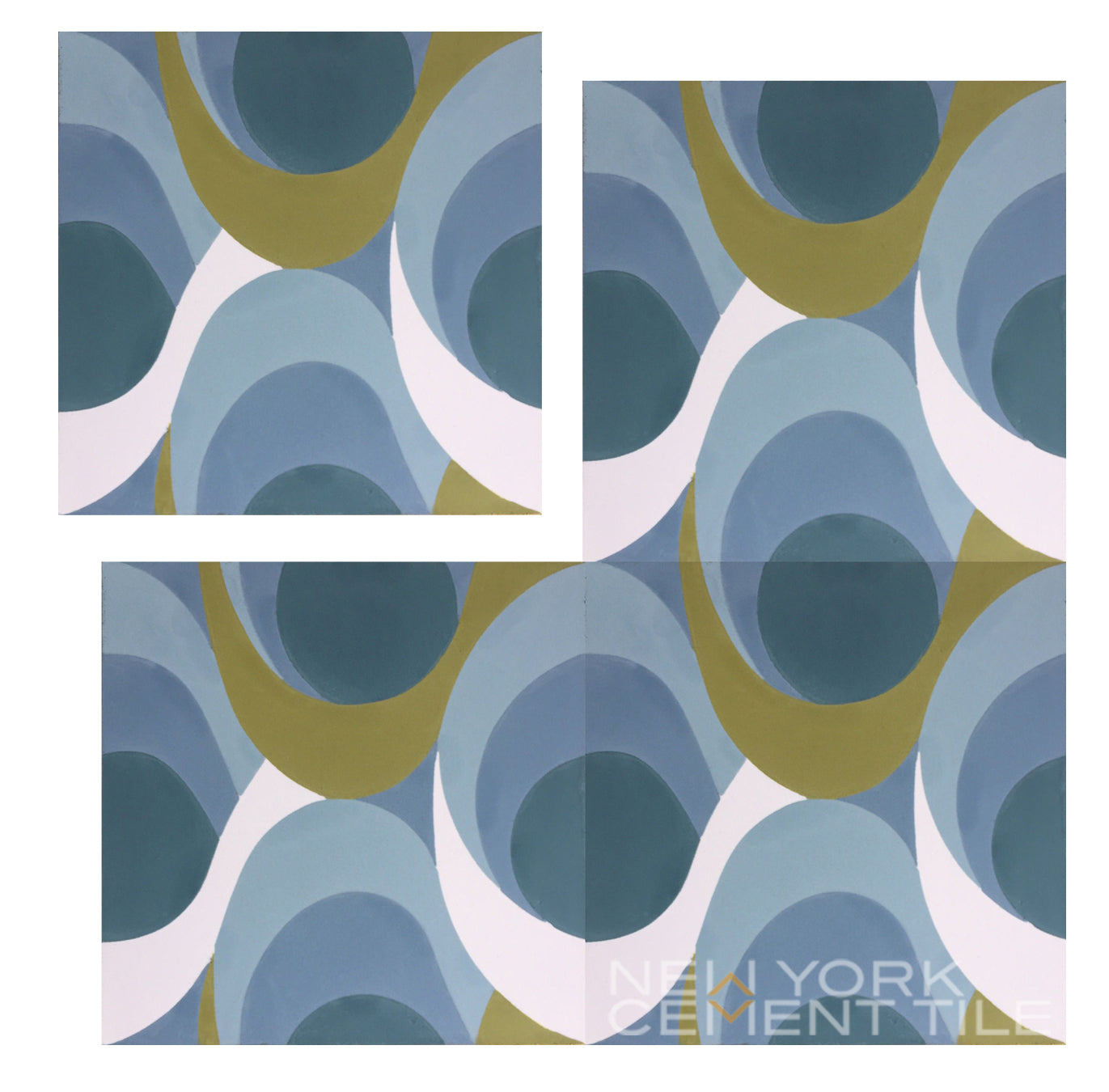 The N20-436 Extra Sample by New York Cement Tile features retro, abstract blue, green & white geometric curved patterns.
