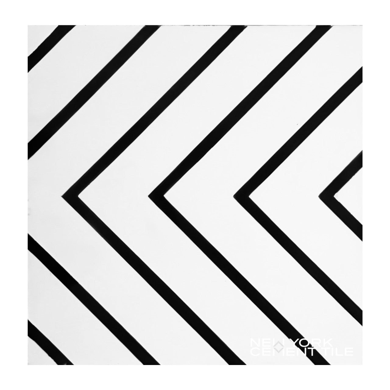 Black chevron lines on white form a bold geometric pattern—N20-437, Sample by New York Cement Tile in the corner.