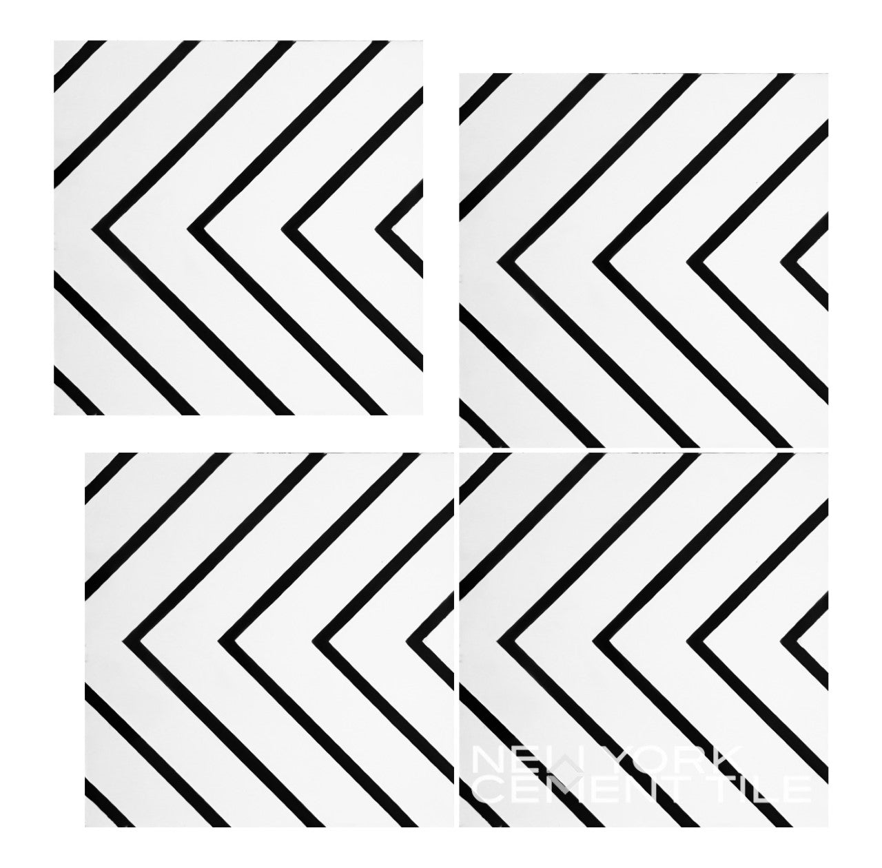 The N20-437 by New York Cement Tile features four handcrafted tiles with black chevrons on a white background.