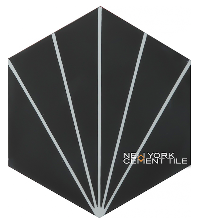 NH23-027 by New York Cement Tile: black hex tile with five thin white lines in a fan-like geometric pattern. Sample available.
