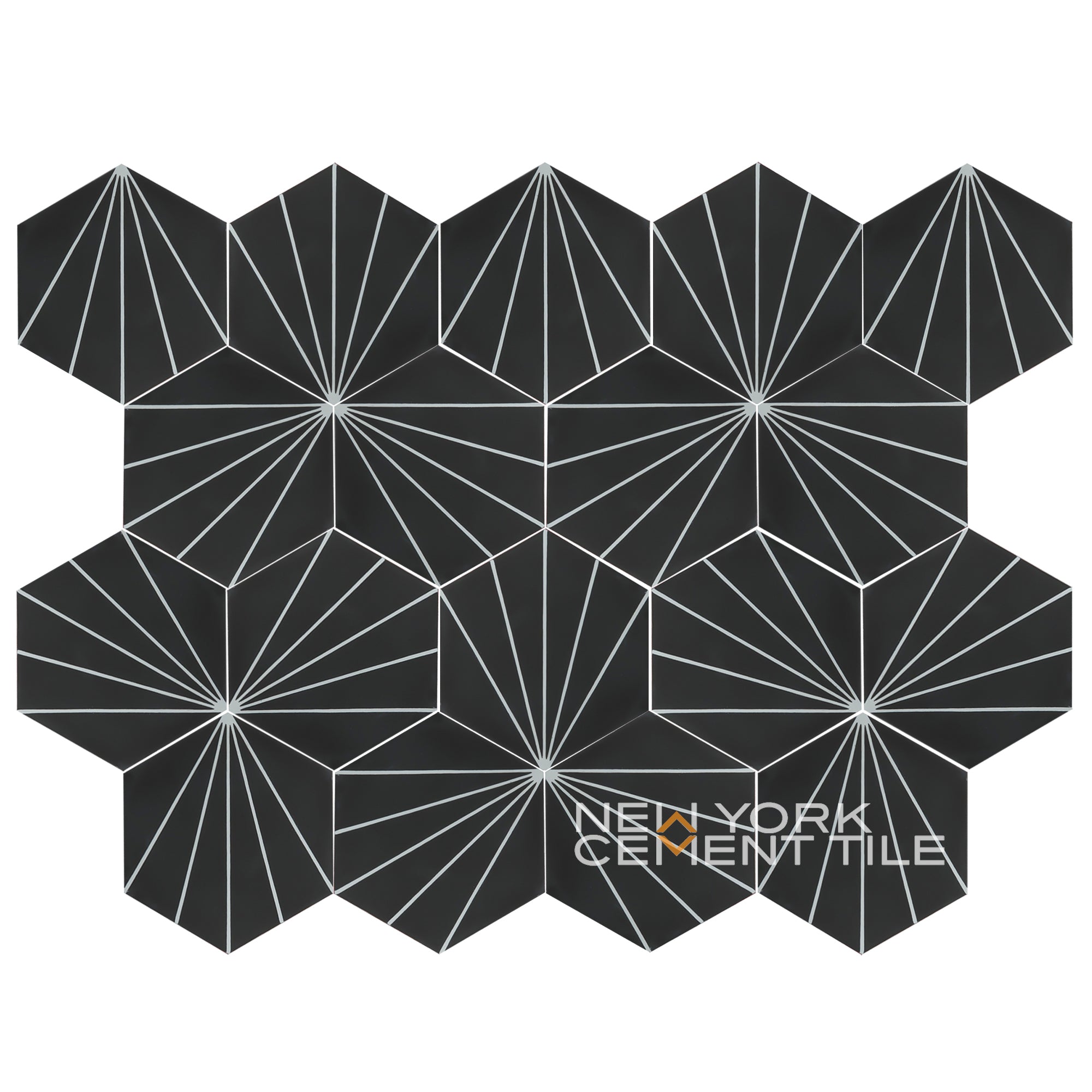 NH23-027 by New York Cement Tile features black hexagon tiles with white geometric lines for a bold, modern look.