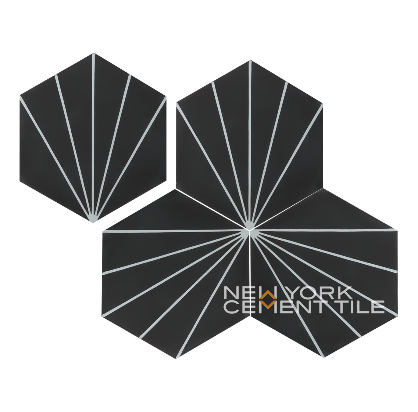 Three NH23-027 Extra Sample tiles by New York Cement Tile, black hexagons with white lines, on a white background.