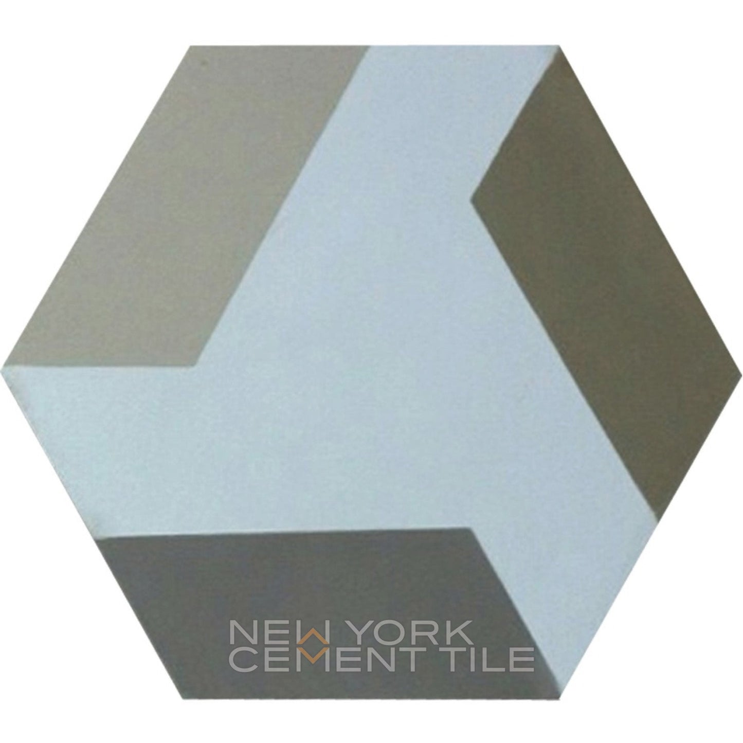 Hexagonal cement tile NH23-02B sample by New York Cement Tile, gray, beige & white geometric pattern.