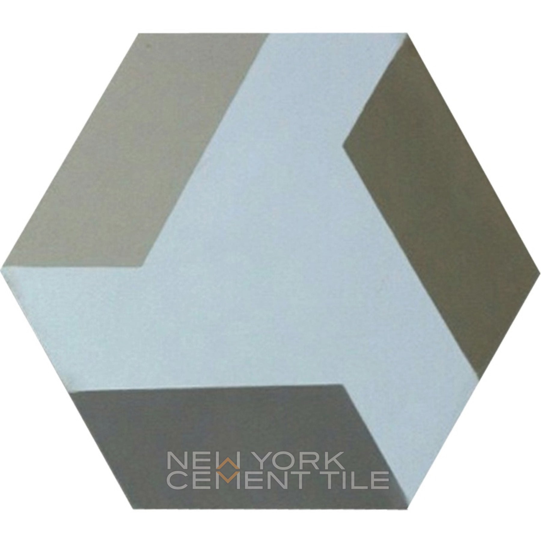 Hexagonal cement tile NH23-02B sample by New York Cement Tile, gray, beige & white geometric pattern.