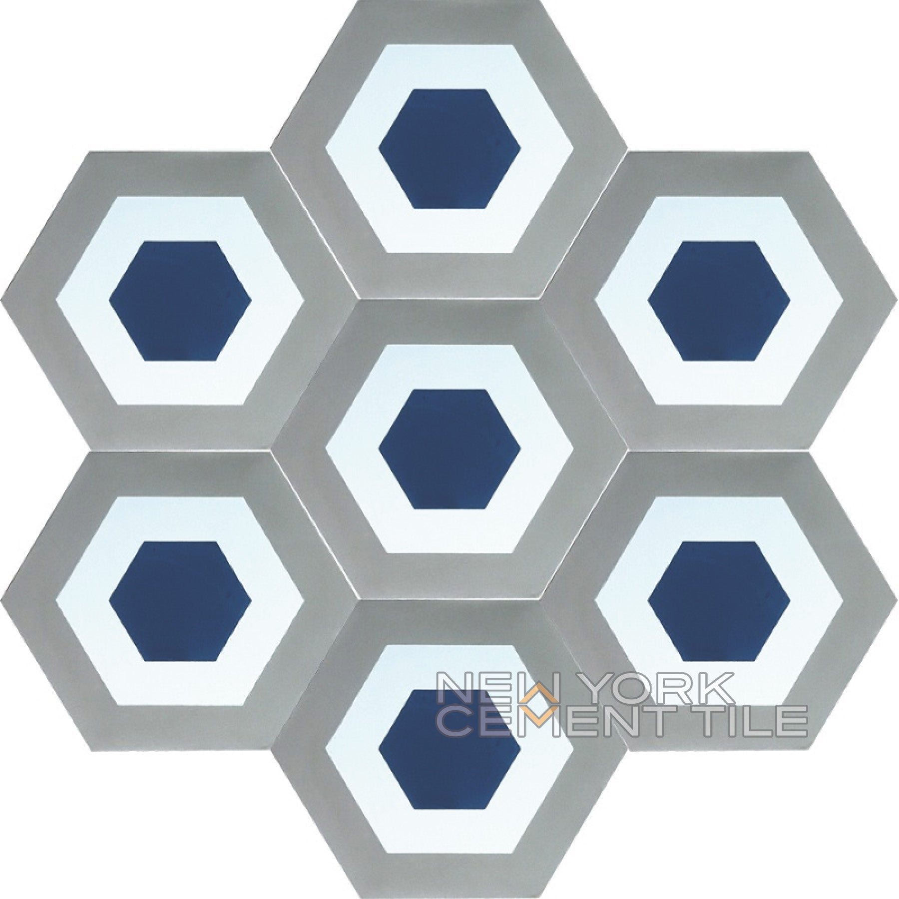 New York Cement Tile NH23-05 Sample: hexagonal tiles with blue, white & gray concentric patterns in a honeycomb layout.