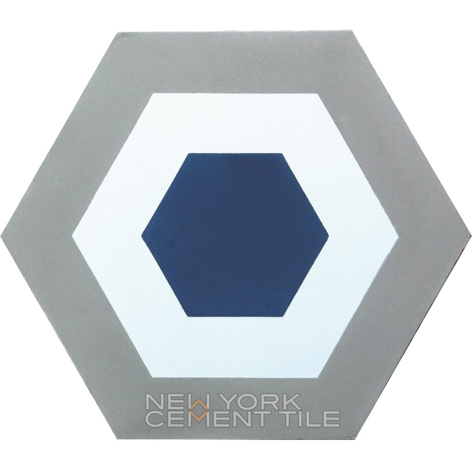 A hexagonal tile in gray, white, and dark blue, labeled “NH23-05, Extra Sample” by New York Cement Tile.