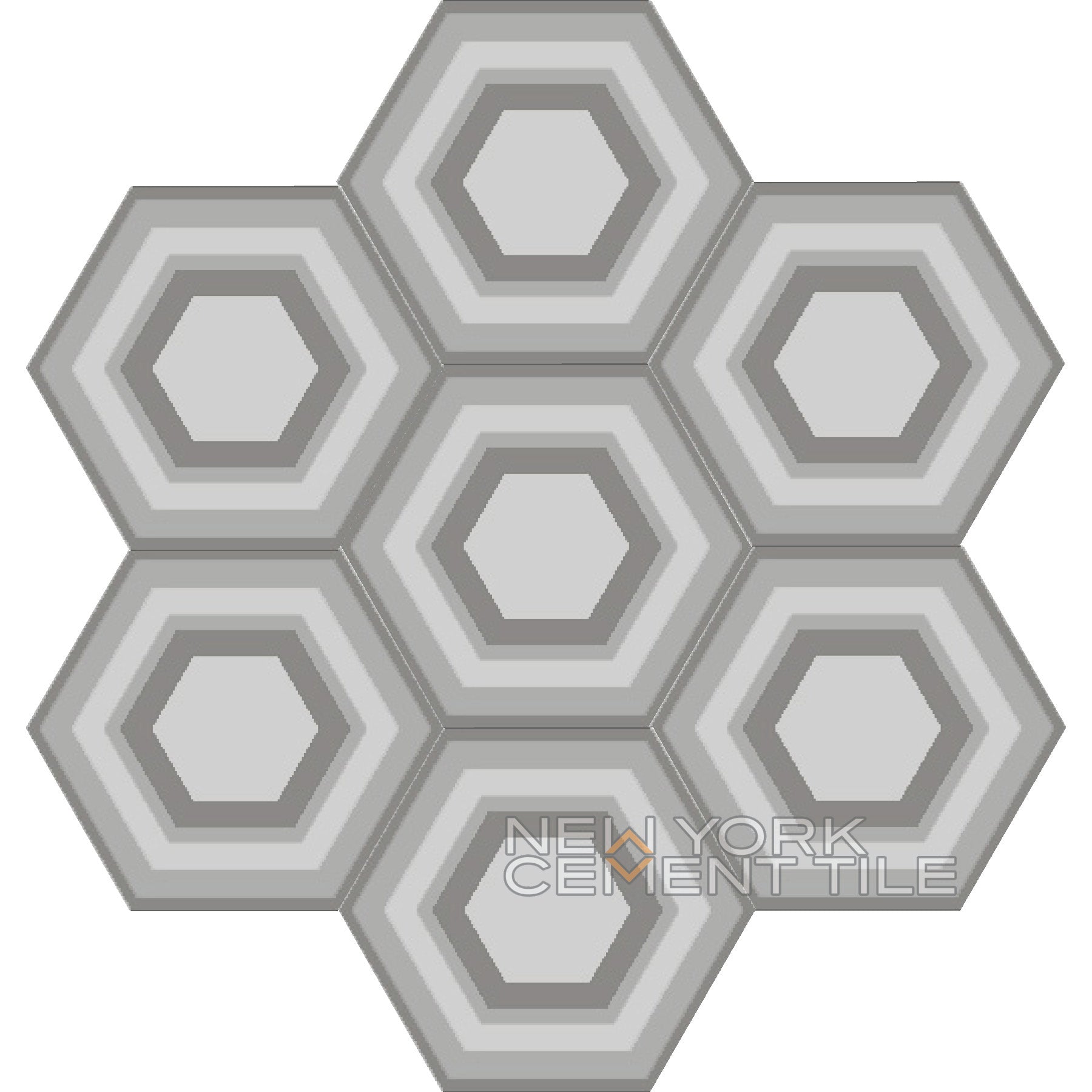 Hexagonal tile pattern in shades of gray with NH23-06, Sample by New York Cement Tile in the lower right corner.