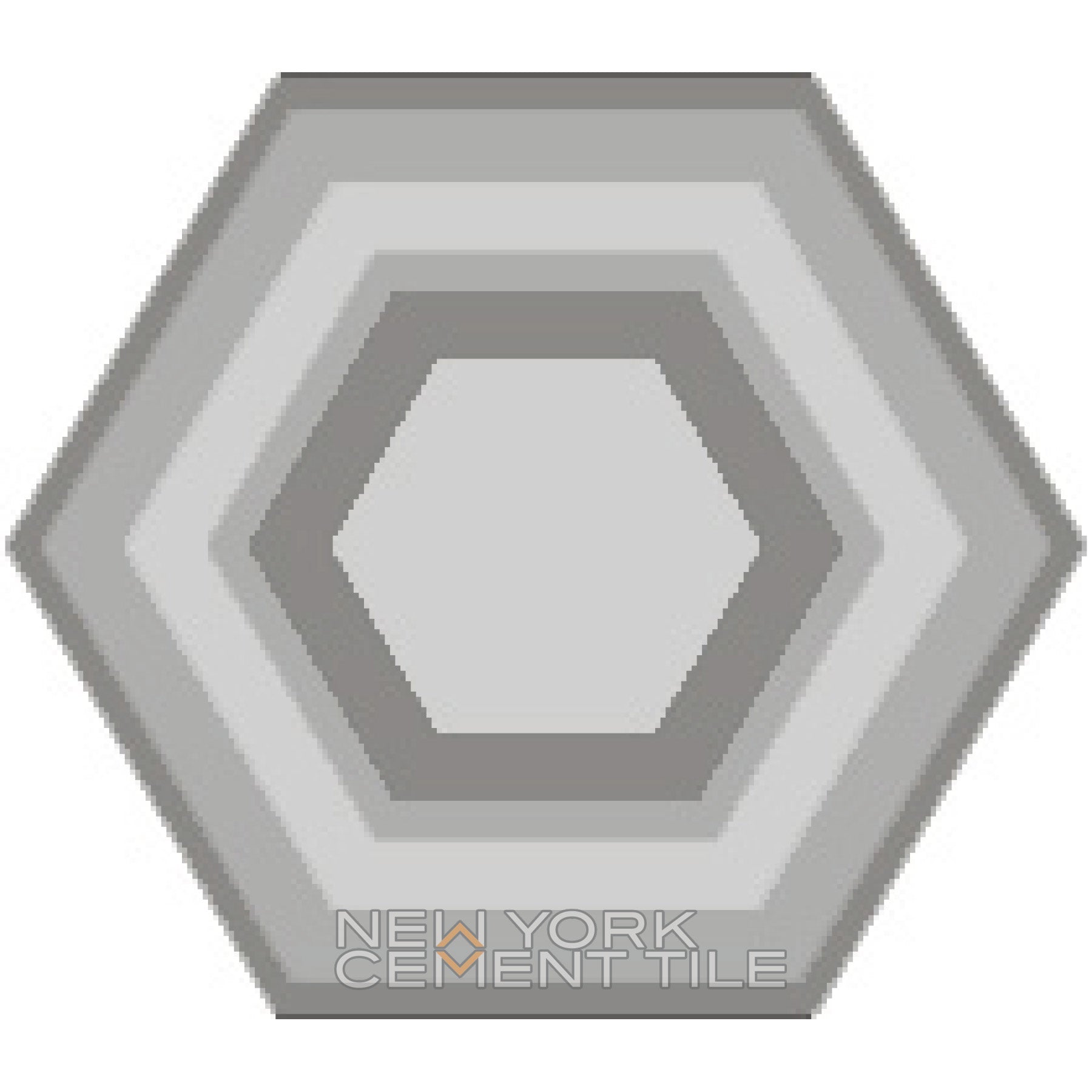 Hexagonal tile, NH23-06 Sample, features concentric gray hexagons; New York Cement Tile branding at the bottom.