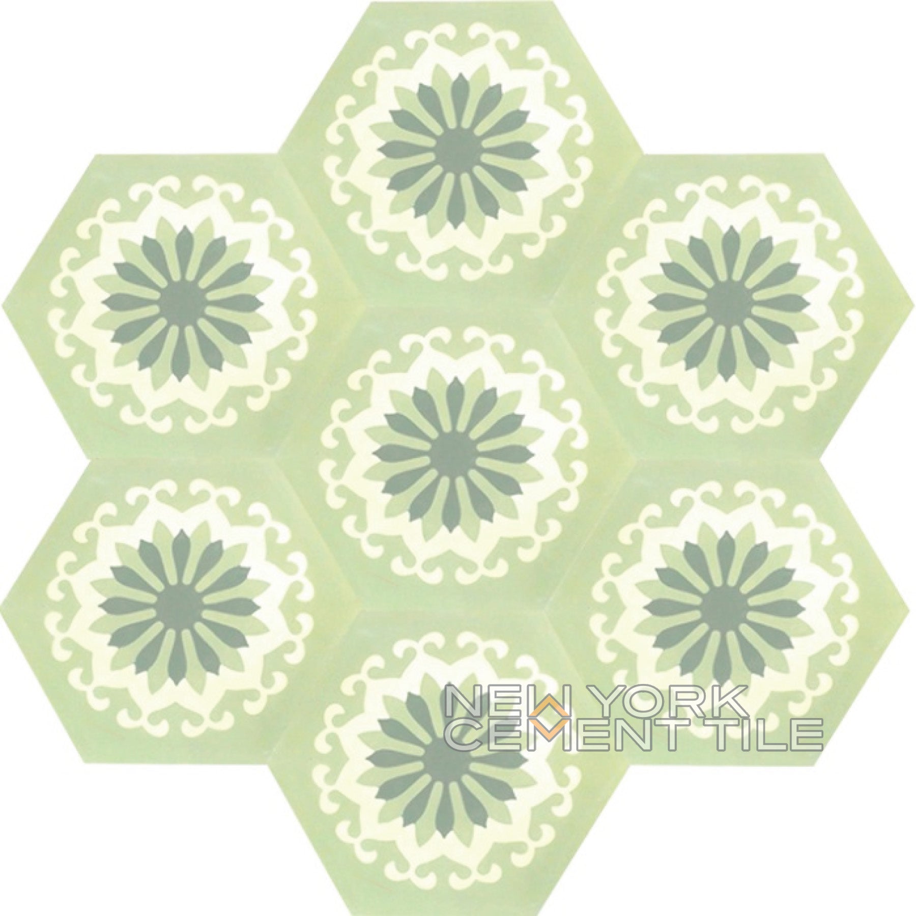 NH23-08, Sample by New York Cement Tile: hexagonal green tile with six mandalas and white decorative accents.