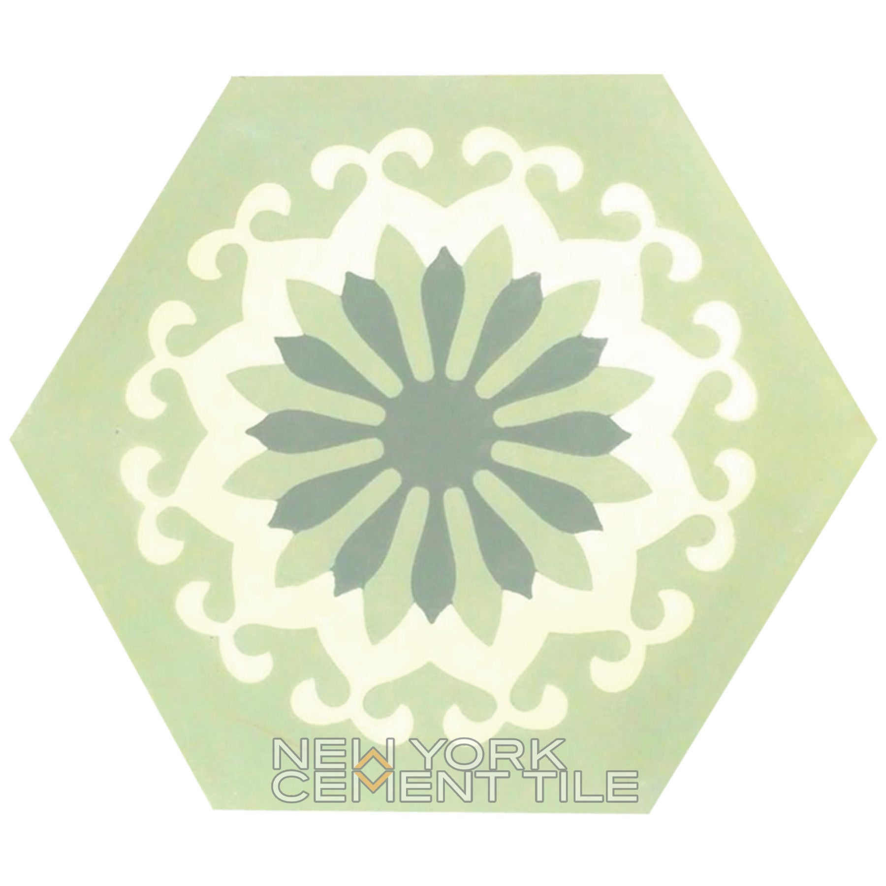 Hexagonal green tile NH23-08, floral white/dark green pattern, New York Cement Tile branding. Extra Sample.