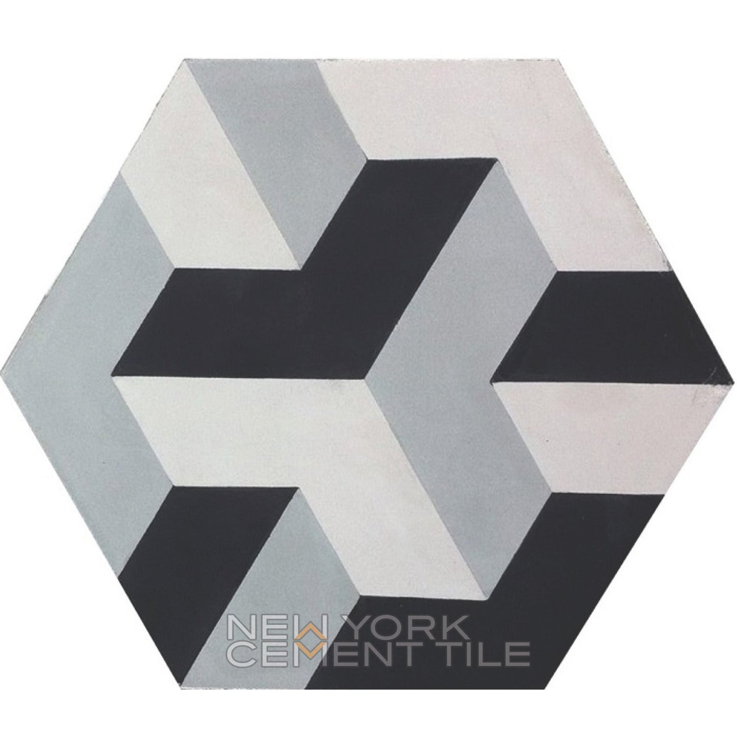 NH23-09 Extra Sample by New York Cement Tile: hexagonal tile with black, white & gray 3D geometric optical illusion.