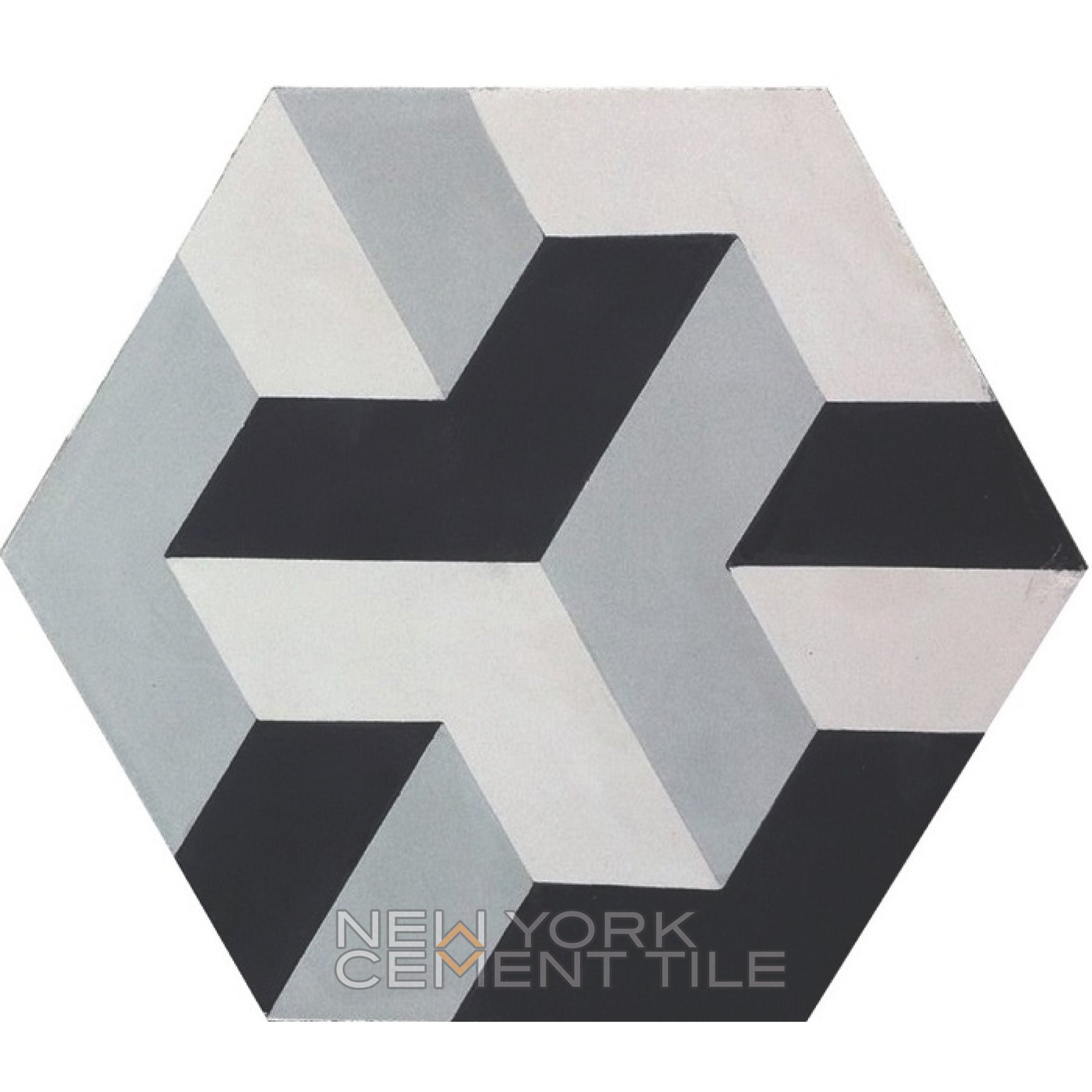 NH23-09 Extra Sample by New York Cement Tile: hexagonal tile with black, white & gray 3D geometric optical illusion.
