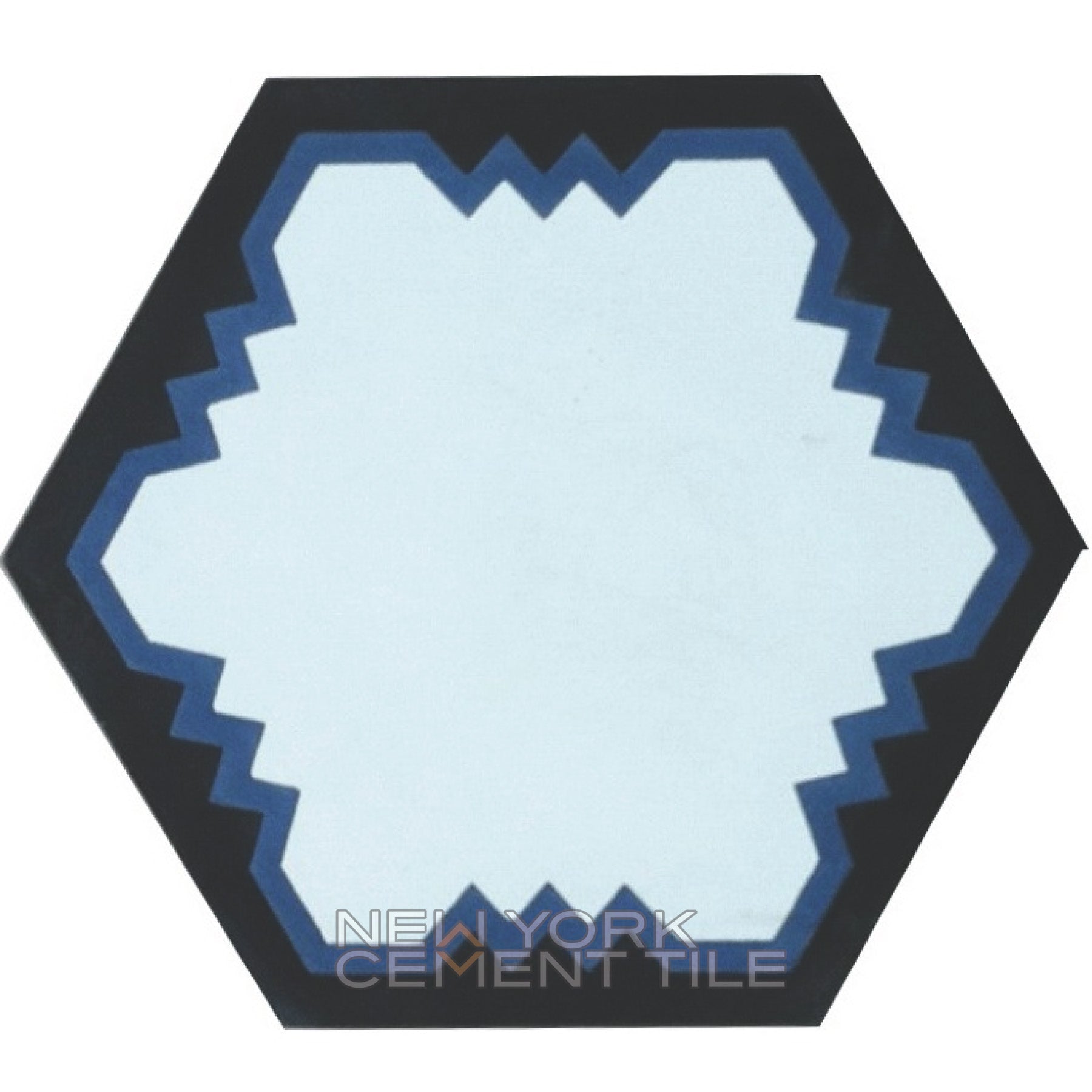 NH23-10 Extra Sample by New York Cement Tile: hexagonal tile with blue/black jagged border and light blue center.