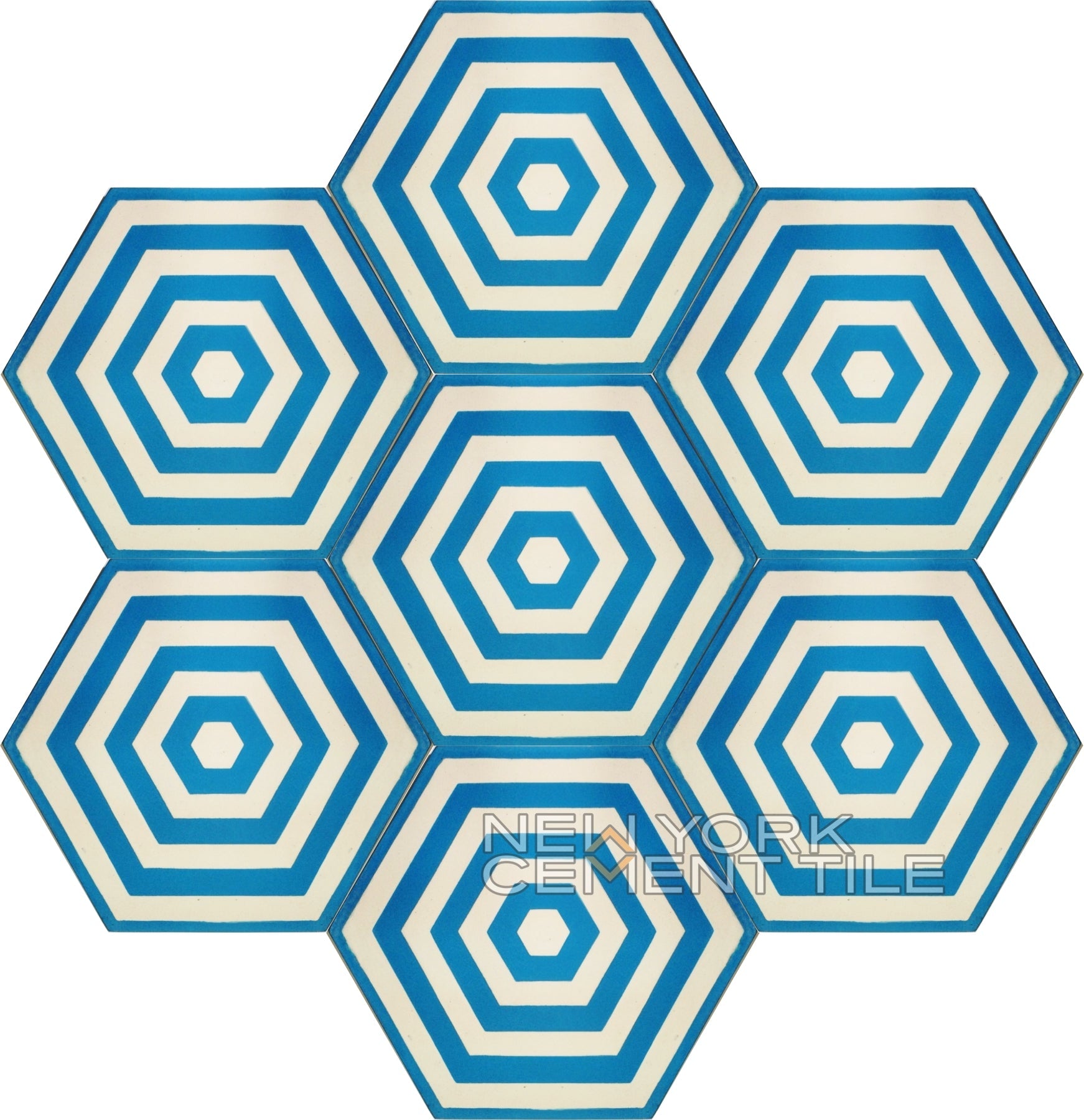 The NH23-11 Sample by New York Cement Tile features blue and white hexagonal tiles in a honeycomb pattern.
