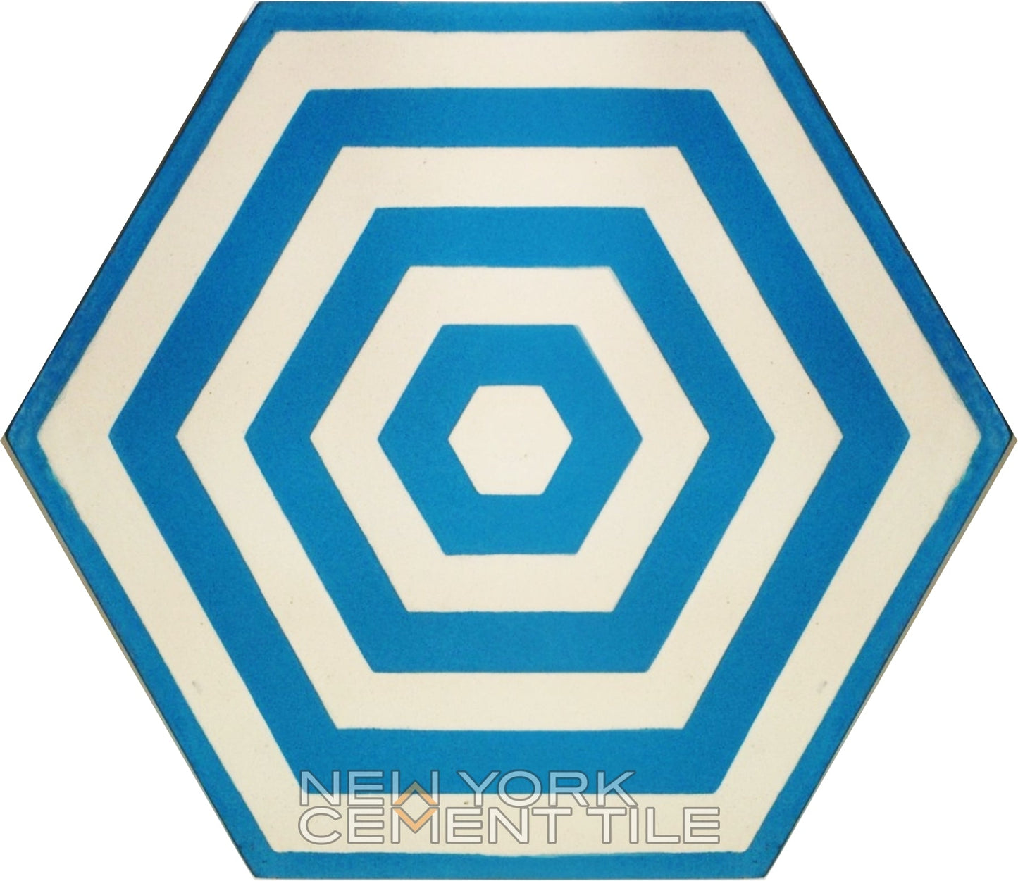 Hexagonal tile, concentric blue/white hexagons; NH23-11 Extra Sample by New York Cement Tile.