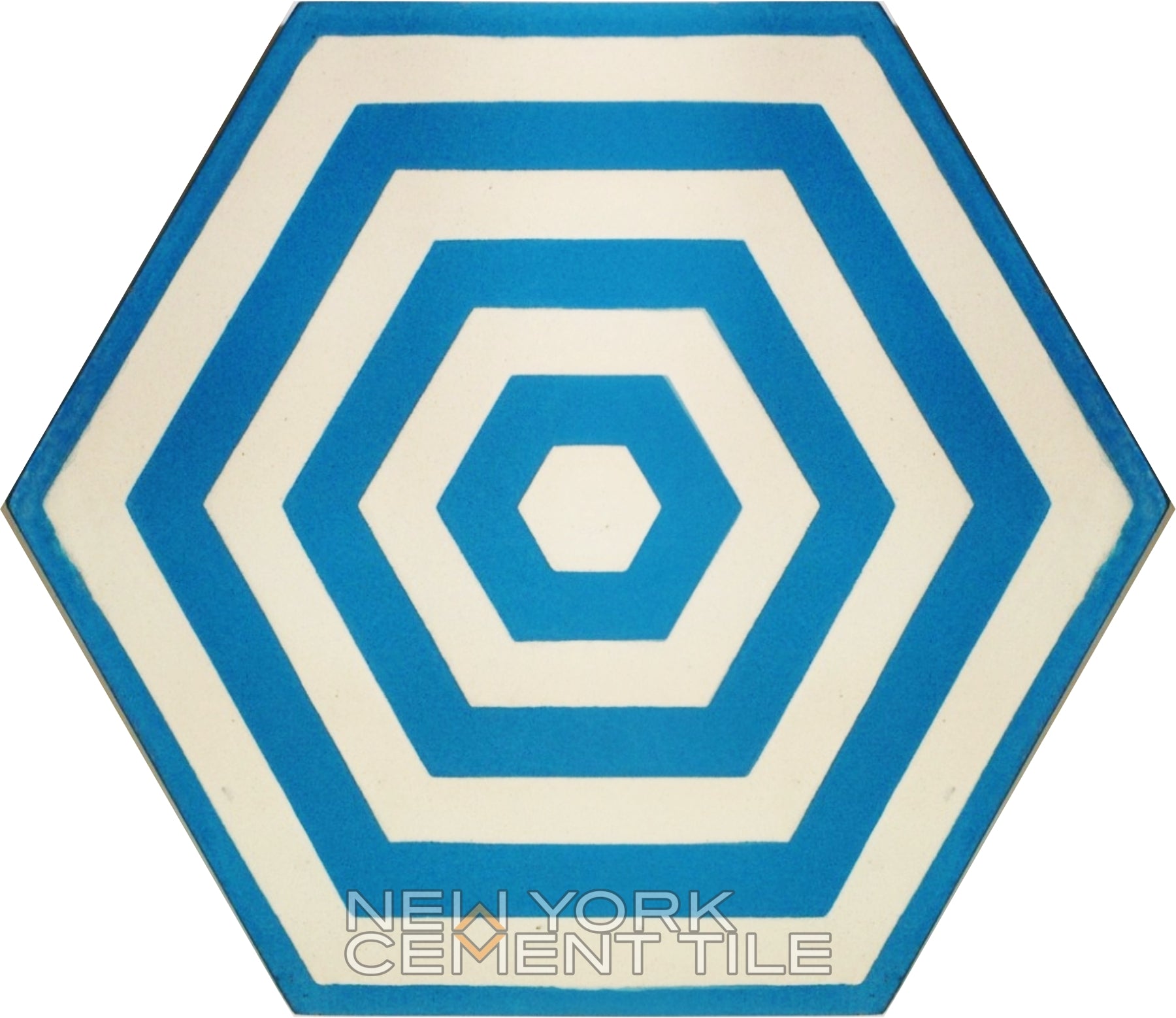 Hexagonal tile, concentric blue/white hexagons; NH23-11 Extra Sample by New York Cement Tile.