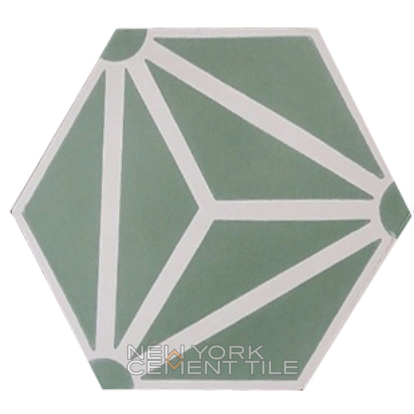 New York Cement Tile's NH23-13 Extra Sample: a hexagonal tile, green with intersecting white geometric lines.