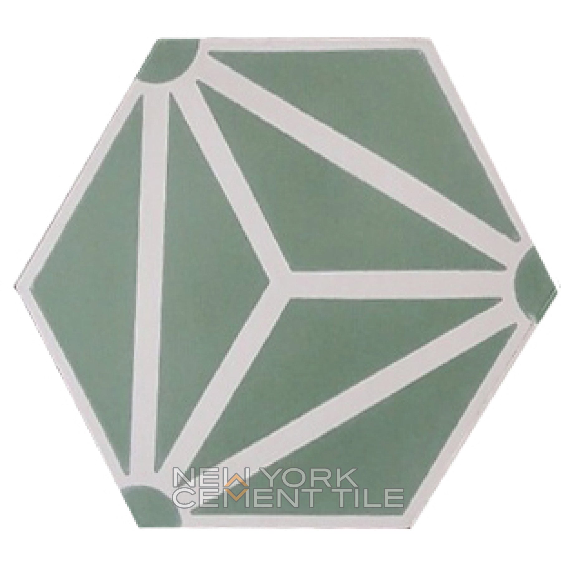 New York Cement Tile's NH23-13 Extra Sample: a hexagonal tile, green with intersecting white geometric lines.